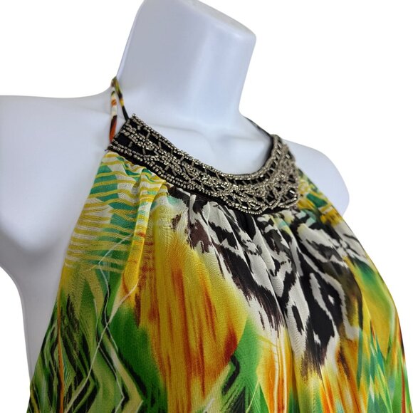 ALLEN B Allen Schwartz Chiffon Halter Dress Sz 4 Beaded Yoke Tribal Print Hi-Low - Picture 4 of 10